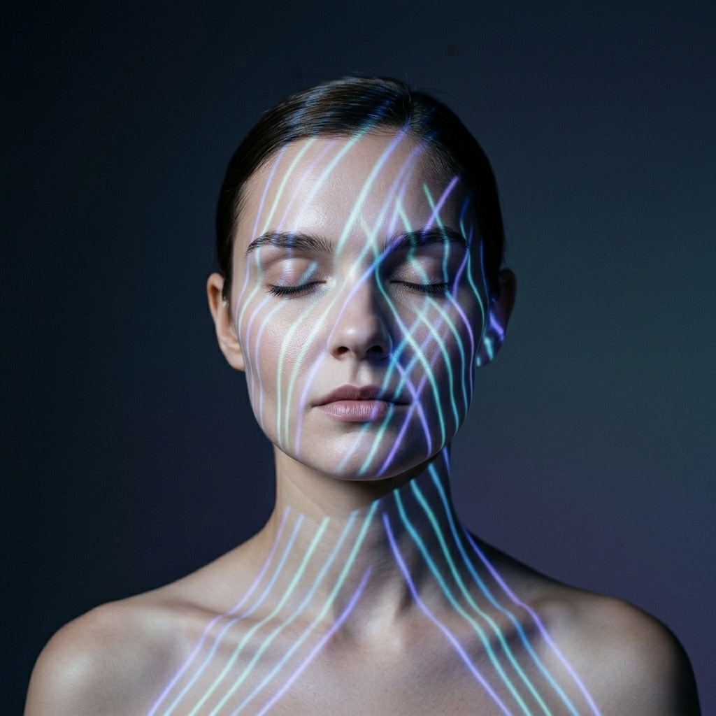Face at rest with cyan and magenta light lines suggesting brain rhythm and personalised sleep sound.