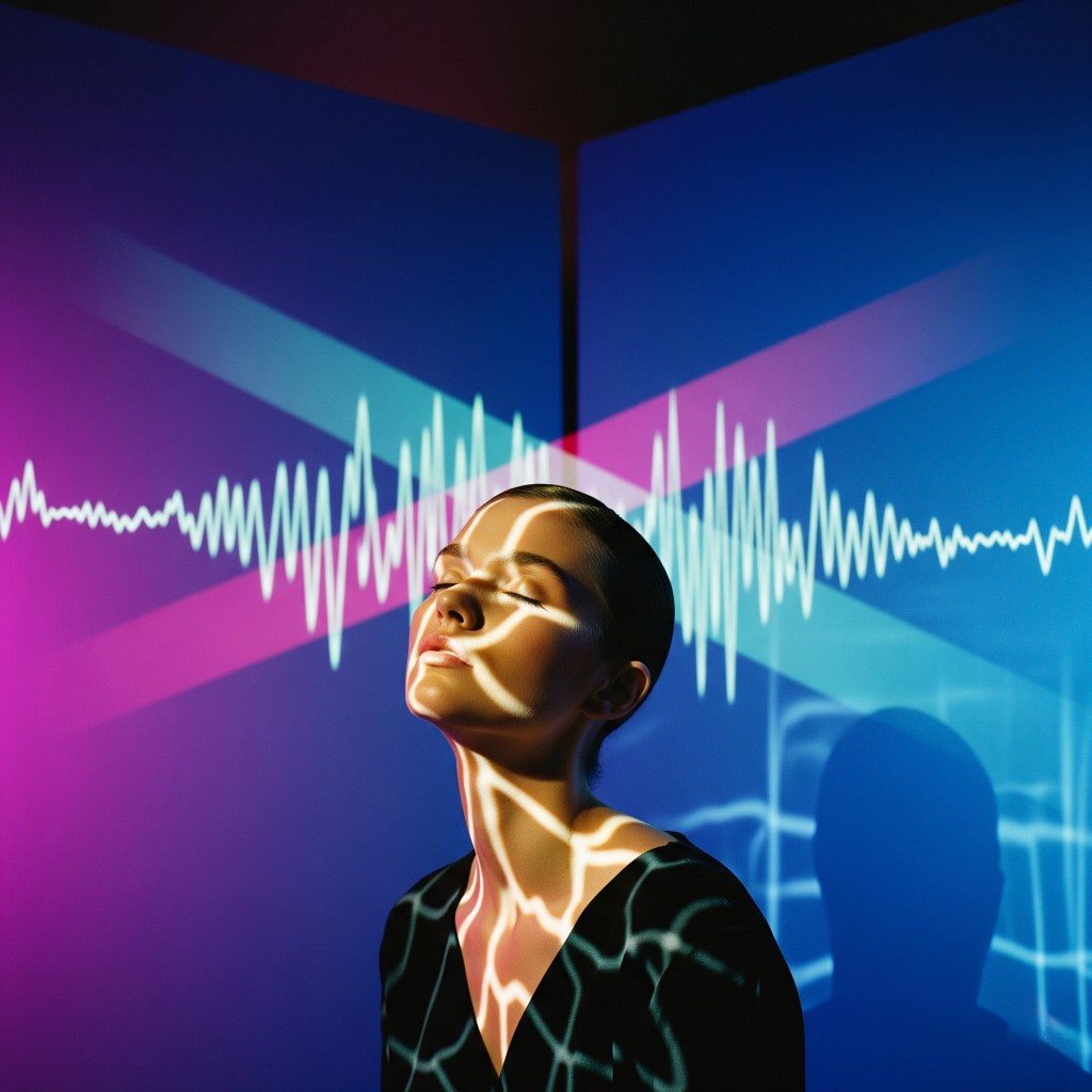 Serene figure with abstract waveform light projections, representing personalised sleep and rest.